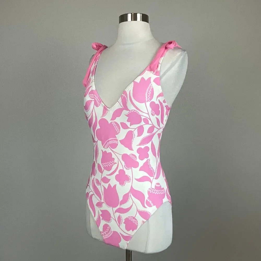 Kate Spade Pink and White Bathing Suit Floral One-Piece Scoop Back Size Medium - Picture 6 of 11
